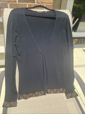 BCBG Black Open-Front Cardigan with Multicolor Geometric Trim